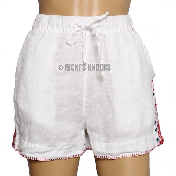 Cynthia Rowley 100% Linen Patriotic Embroidered Shorts White Red Blue Size S - Picture 4 of 12